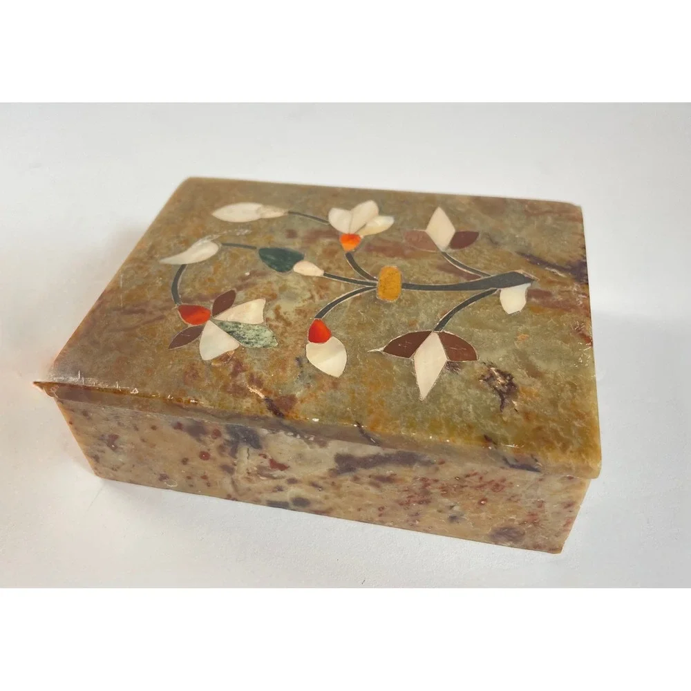 Vintage Inlaid Stone Trinket Box Floral Pietra Dura Mother of Pearl Marble 4x3